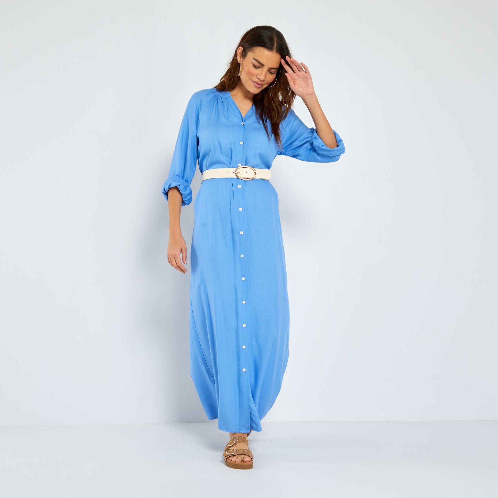 Robe longue col tunisien Bleu