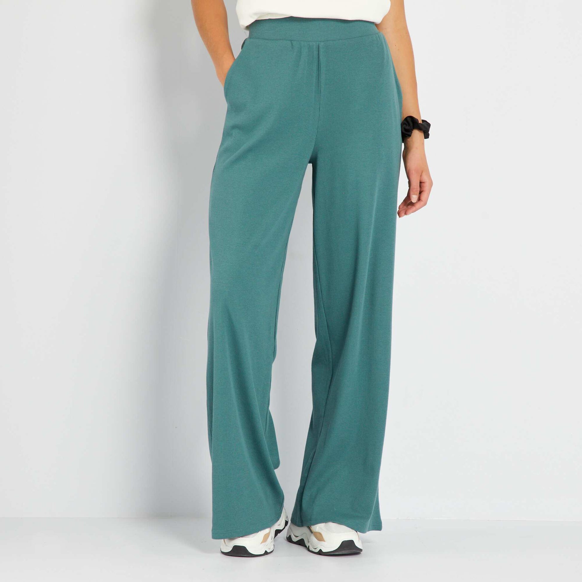 Pantalon large taille haute en maille Vert