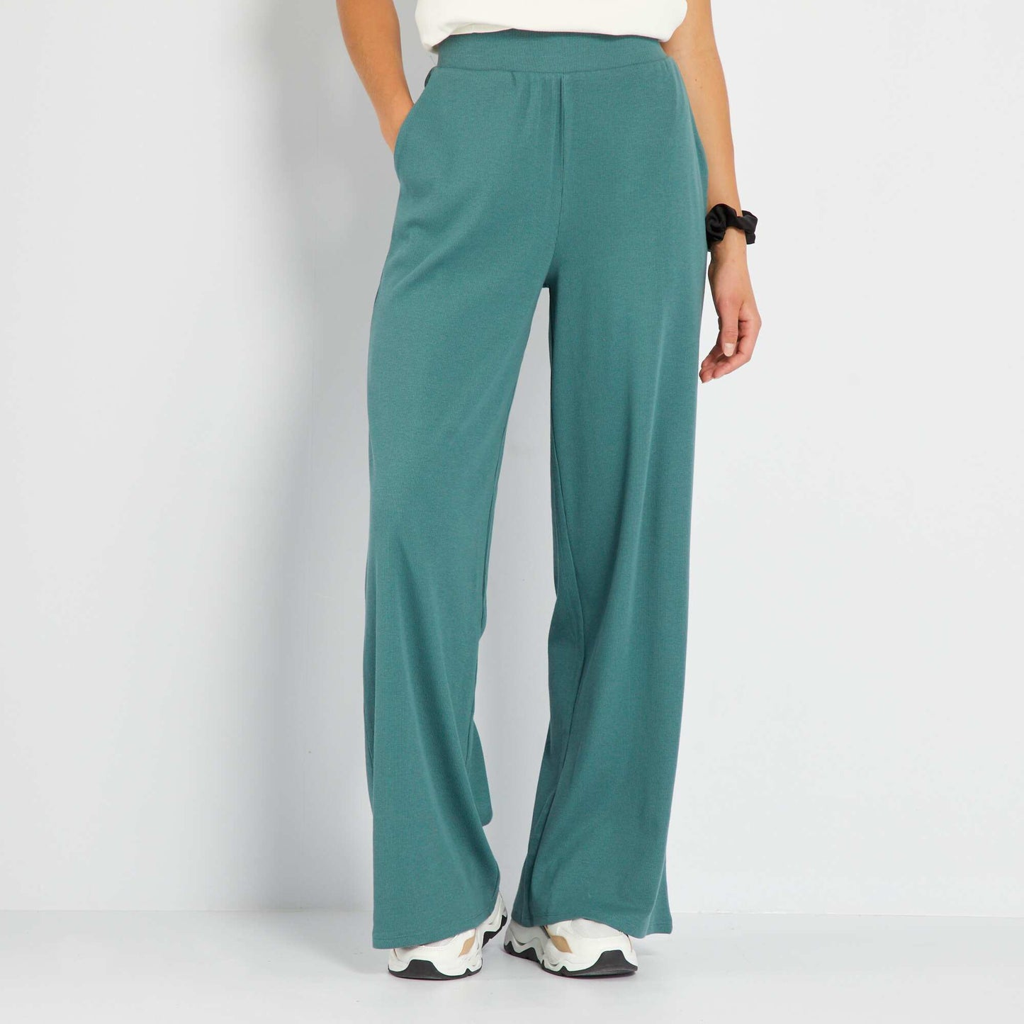 Pantalon large taille haute en maille Vert