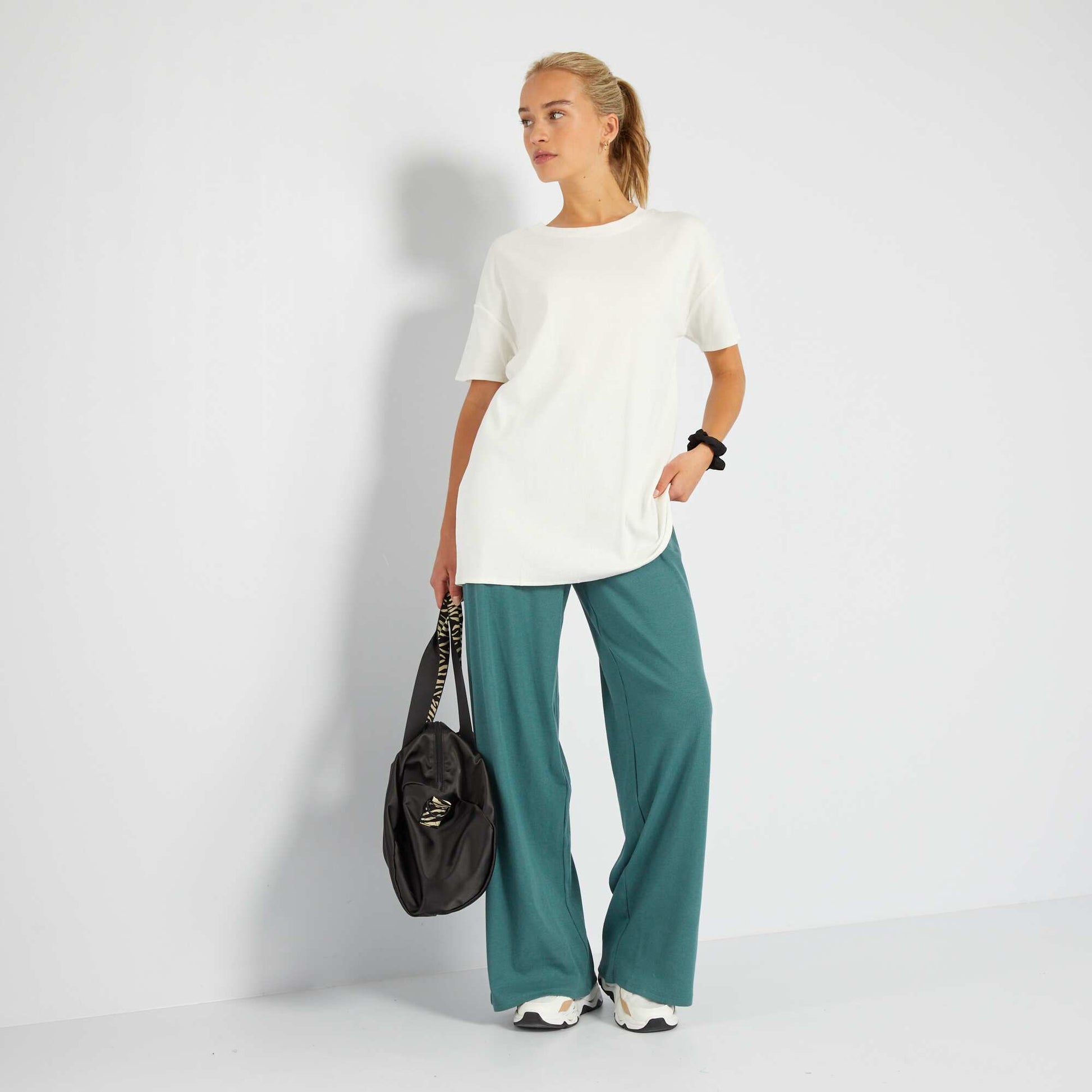 Pantalon large taille haute en maille Vert