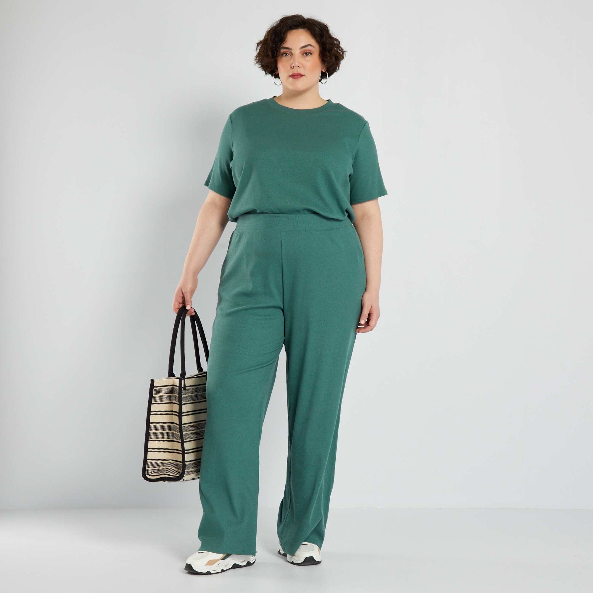 Pantalon large en maille c tel e Vert