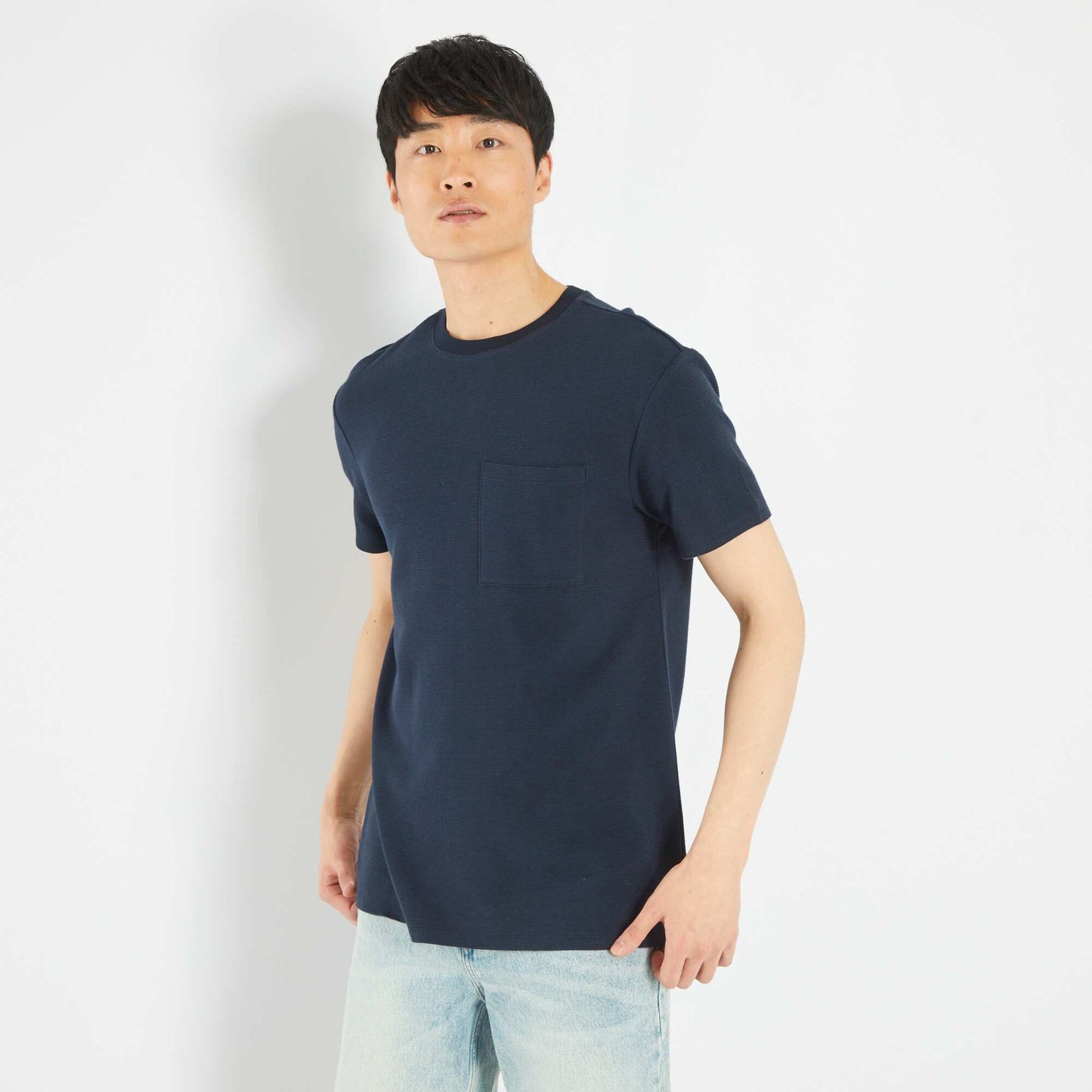 T-shirt en jacquard uni rayures Bleu marine