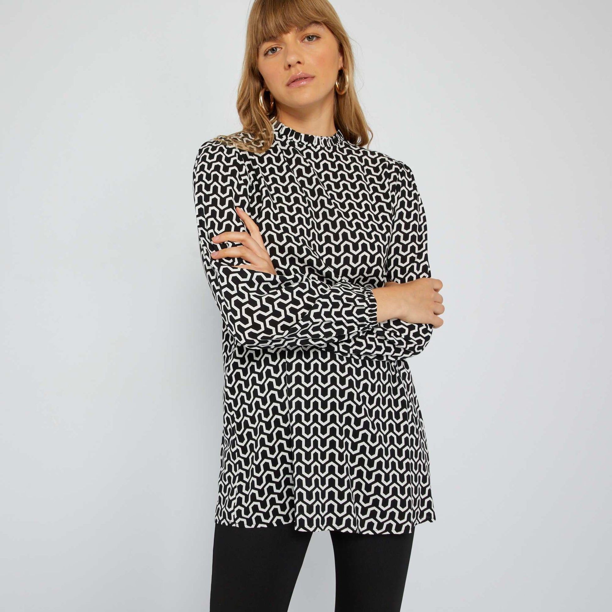 Blouse imprim e col montant volant Noir