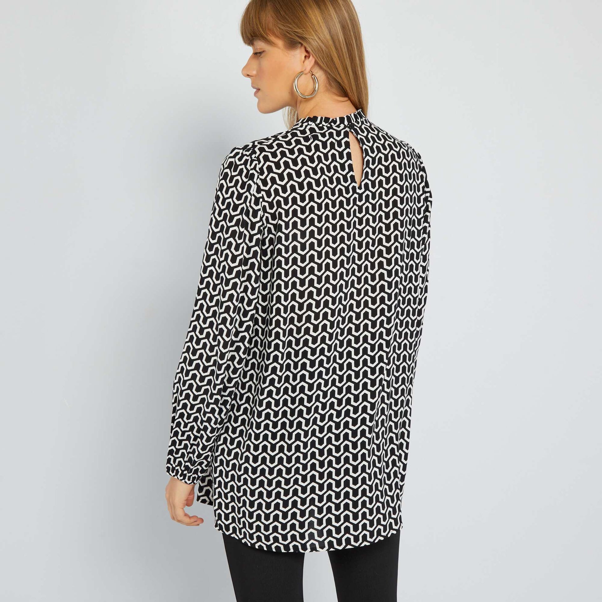 Blouse imprim e col montant volant Noir