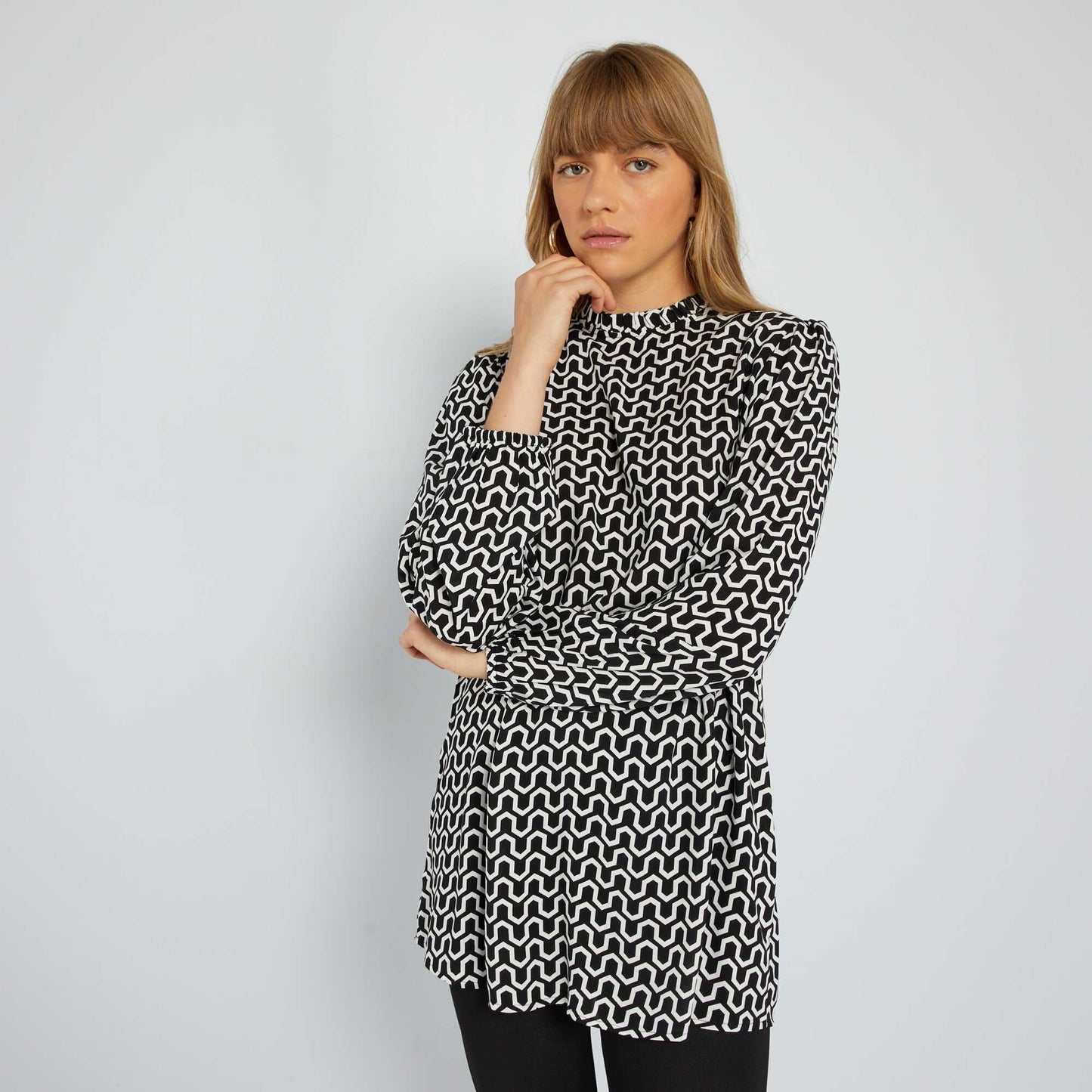 Blouse imprim e col montant volant Noir