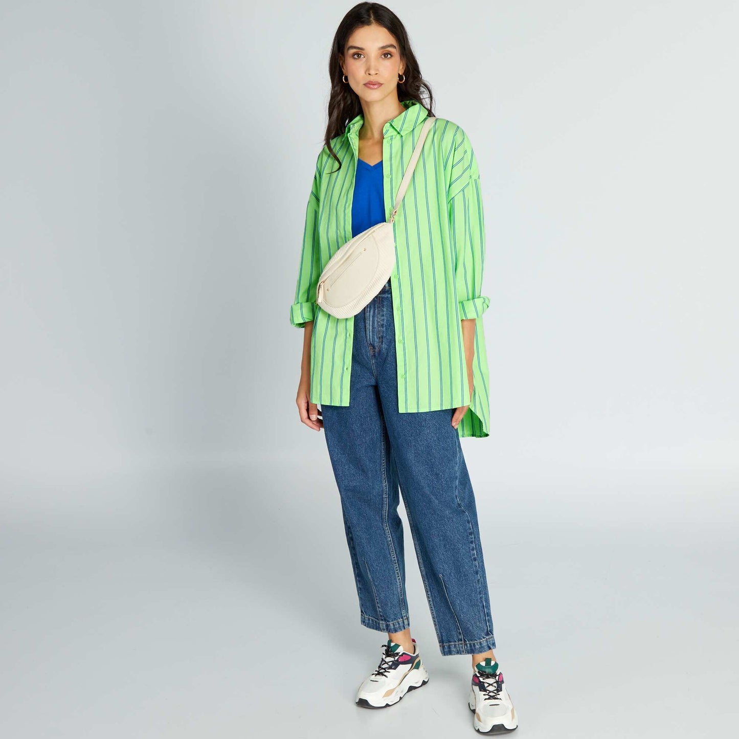 Chemise oversize en popeline Vert rayures