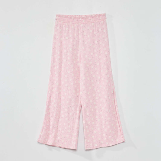 Pantalon large en maille gaufr e avec fentes Rose imprim