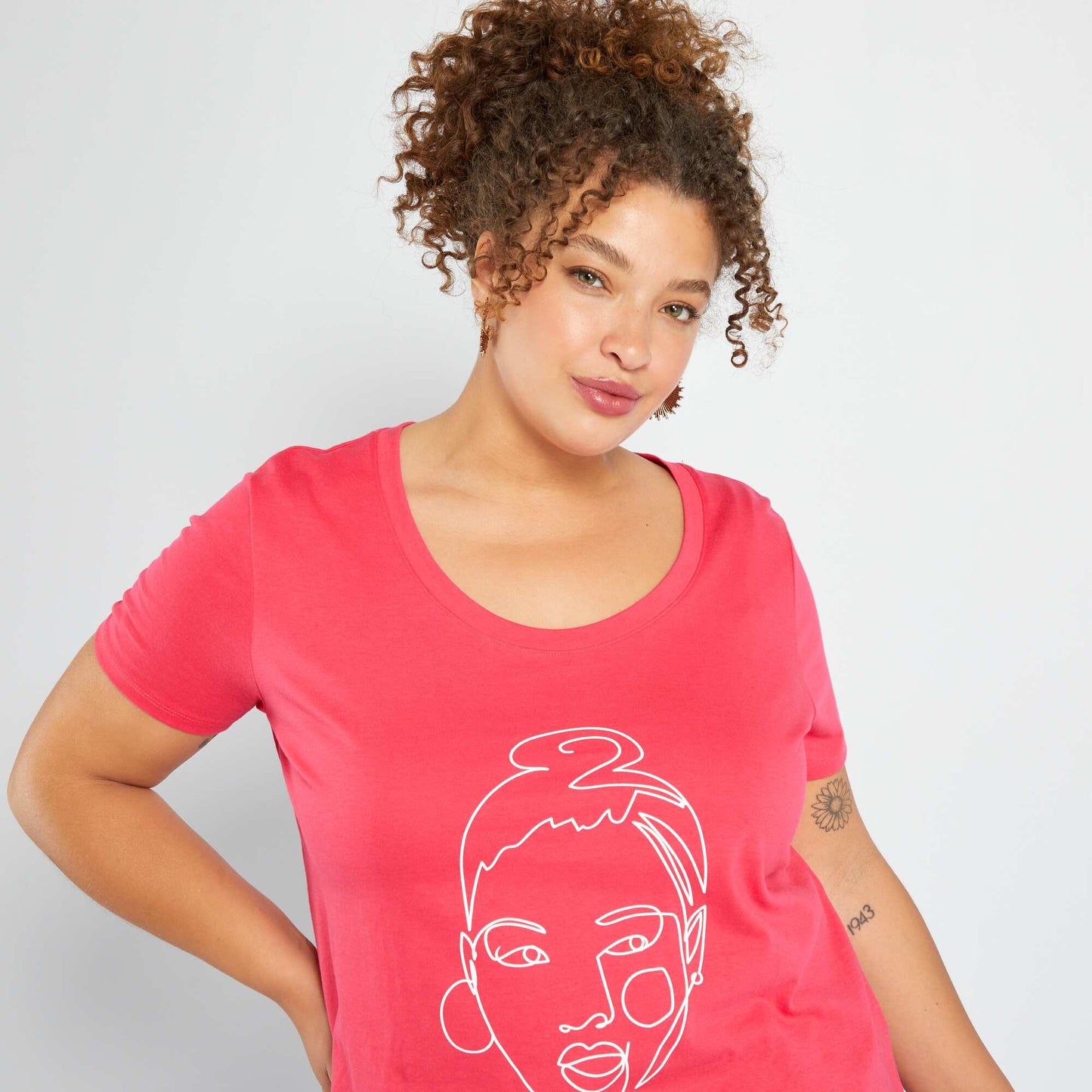 T-shirt imprim col rond Rose