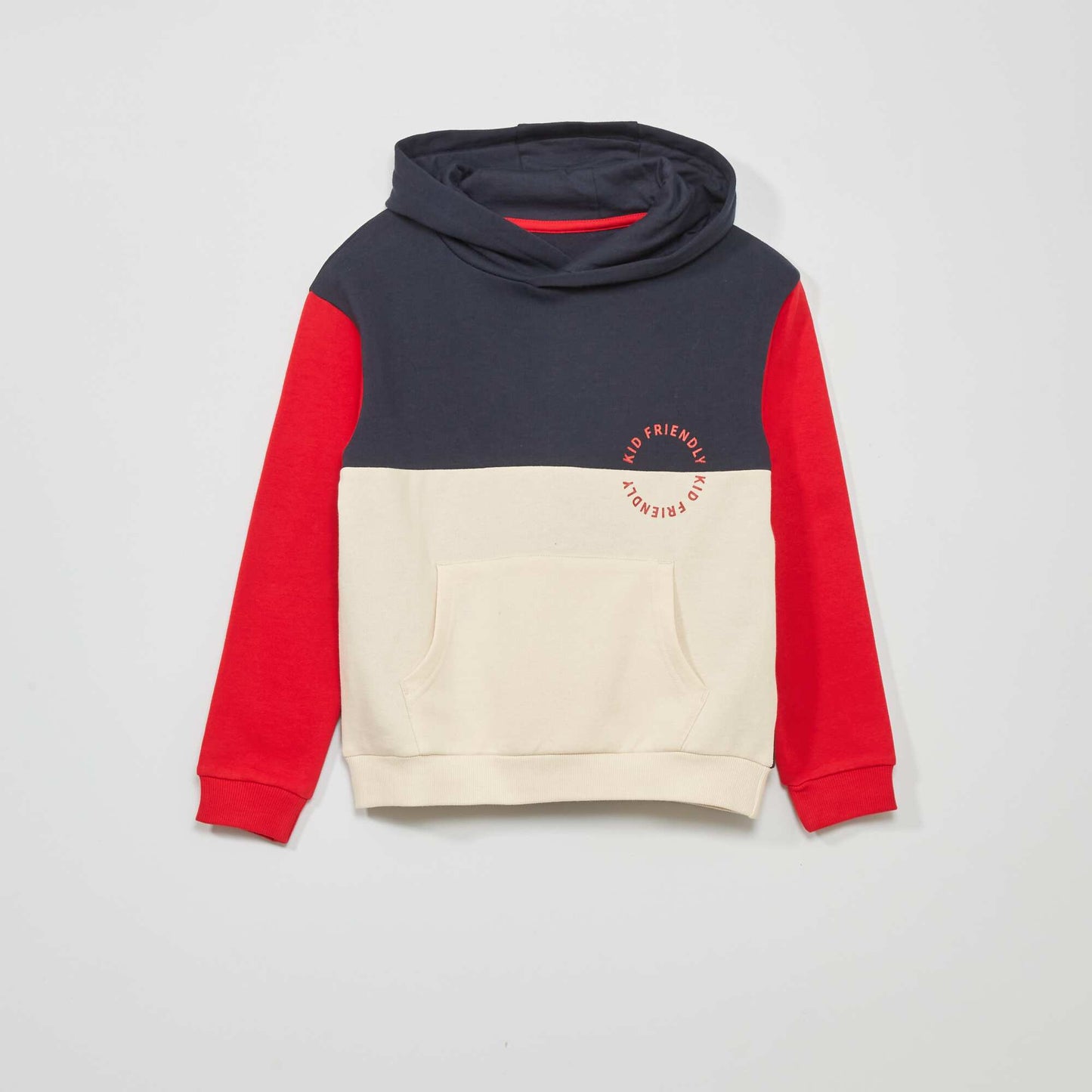 Sweat capuche colorblock et message fantaisie Bleu/rouge/ecru