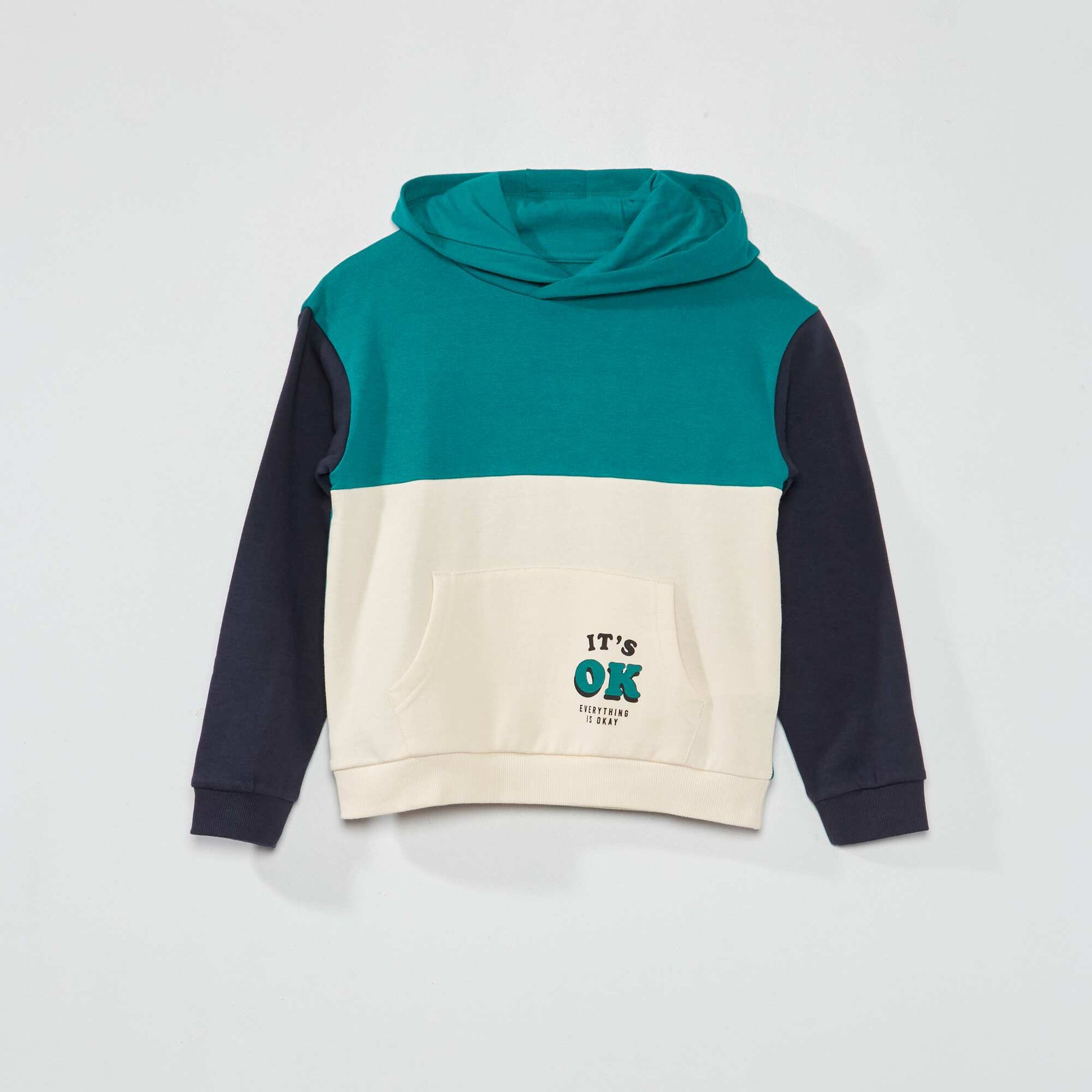Sweat capuche colorblock et message fantaisie Vert/blanc/marine