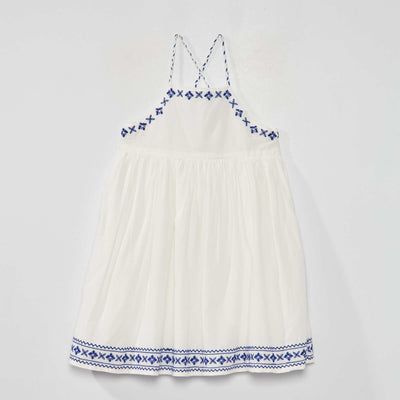 Robe corolle avec broderies blanc/bleu