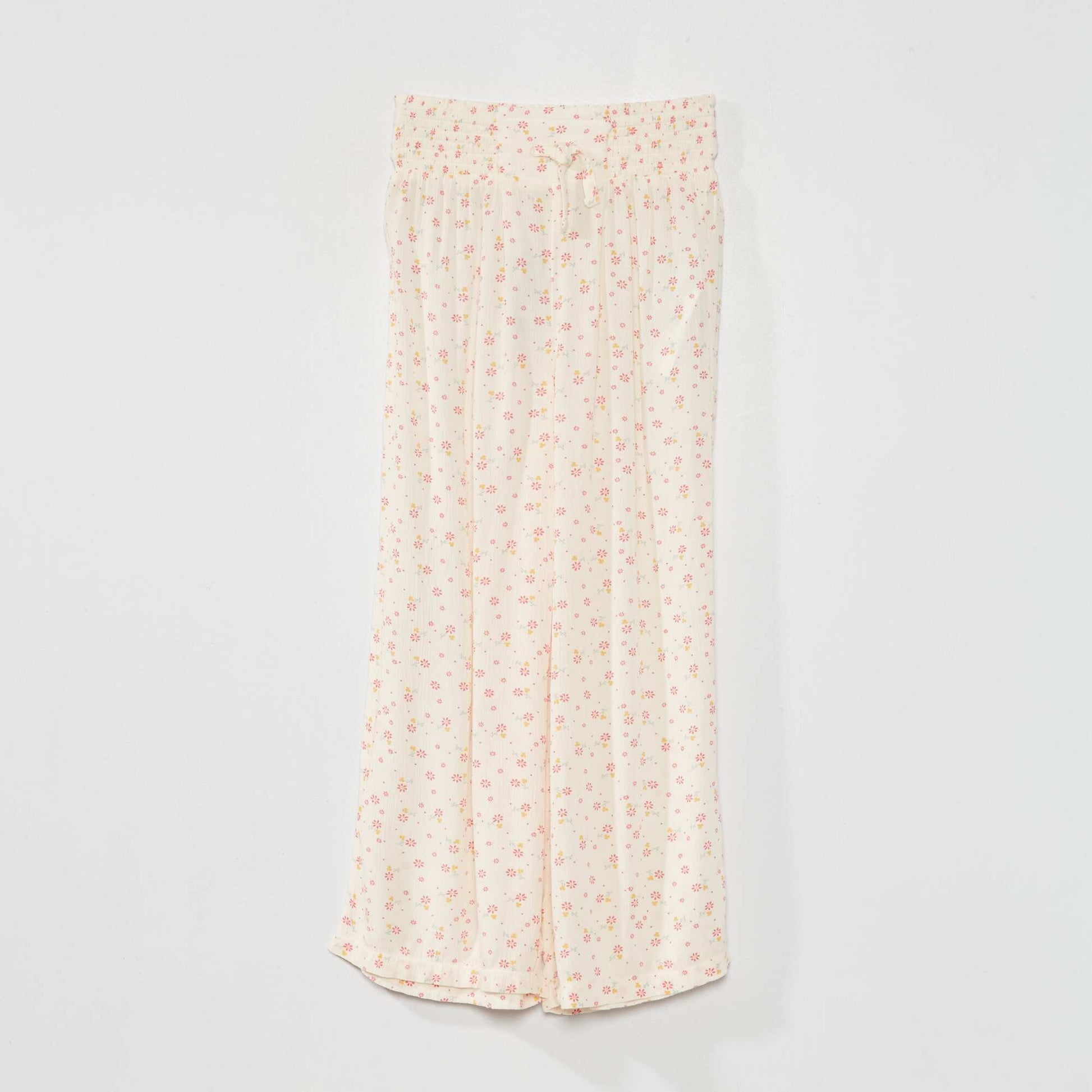 Pantalon large 'fleuri' tissu gaufr Beige