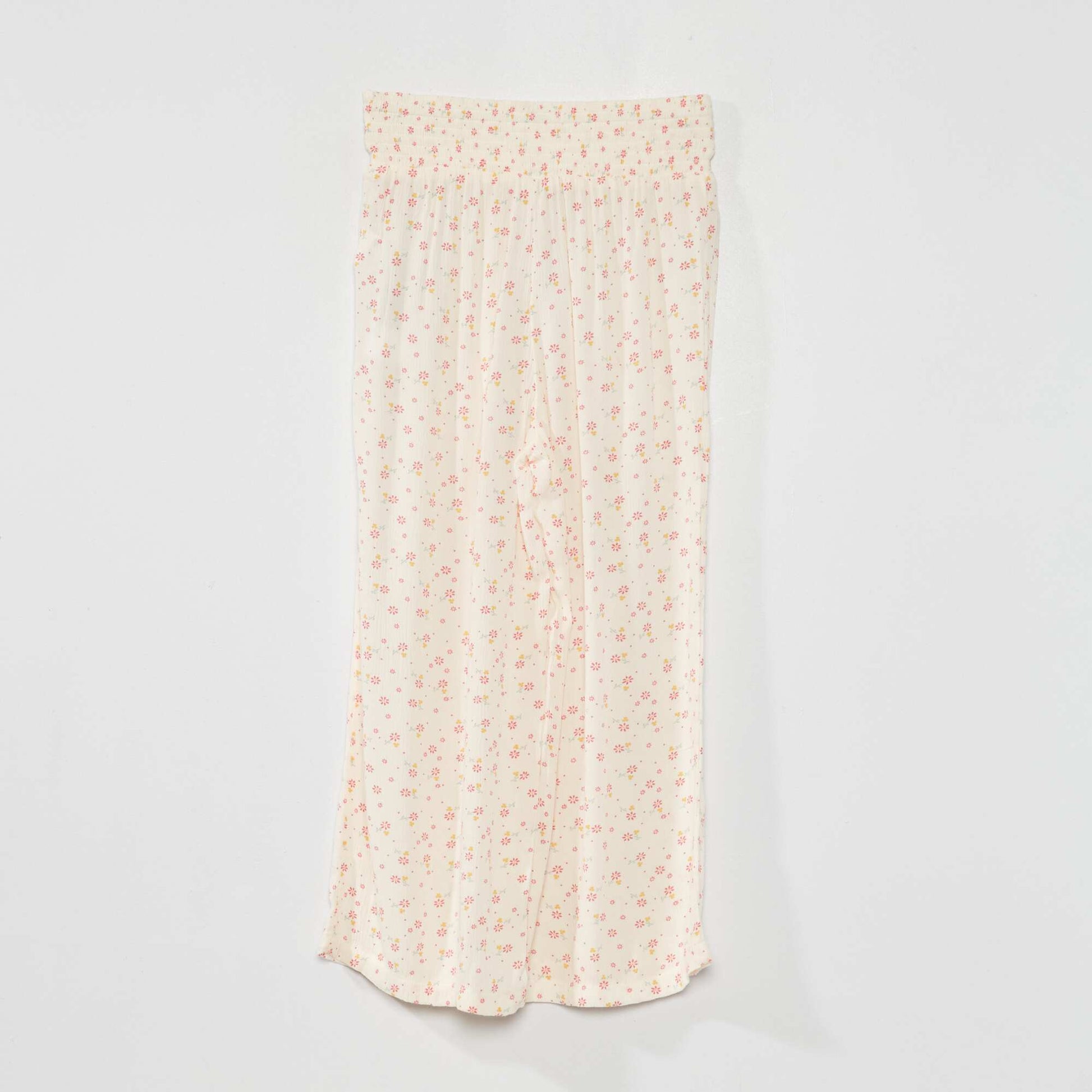 Pantalon large 'fleuri' tissu gaufr Beige