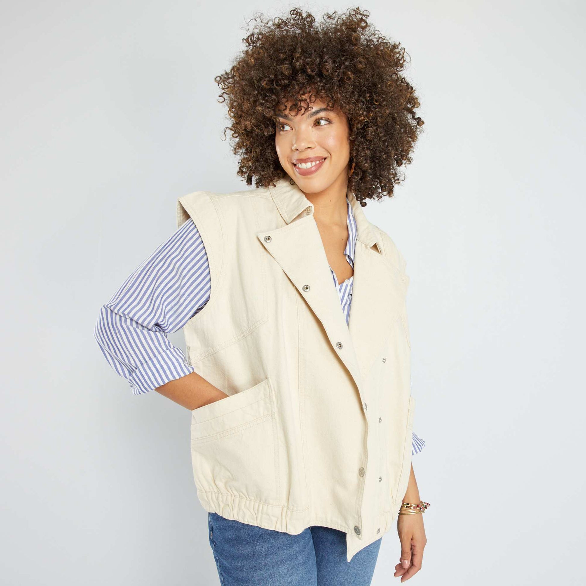 Veste l g re en denim sans manches Beige