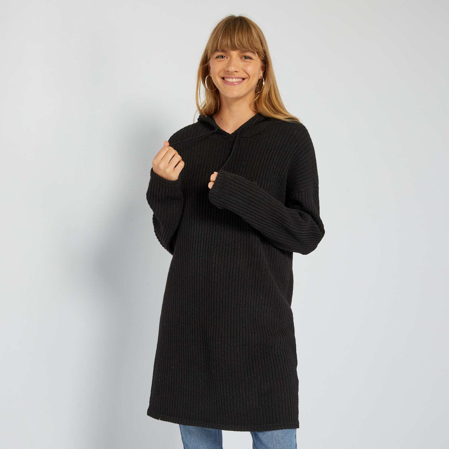 Robe pull capuche en rib Noir