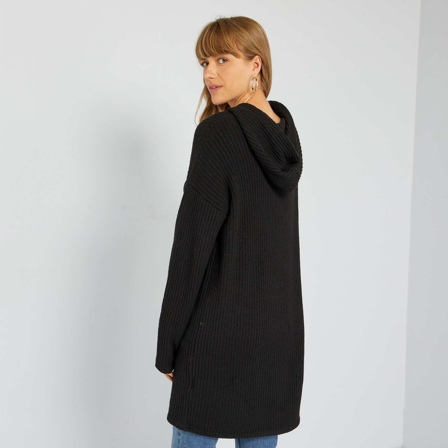 Robe pull capuche en rib Noir