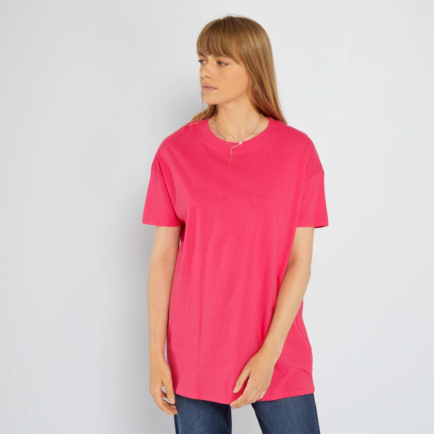 T-shirt long col rond Rose