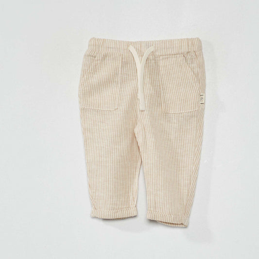 Pantalon en lin et en coton Beige rayures