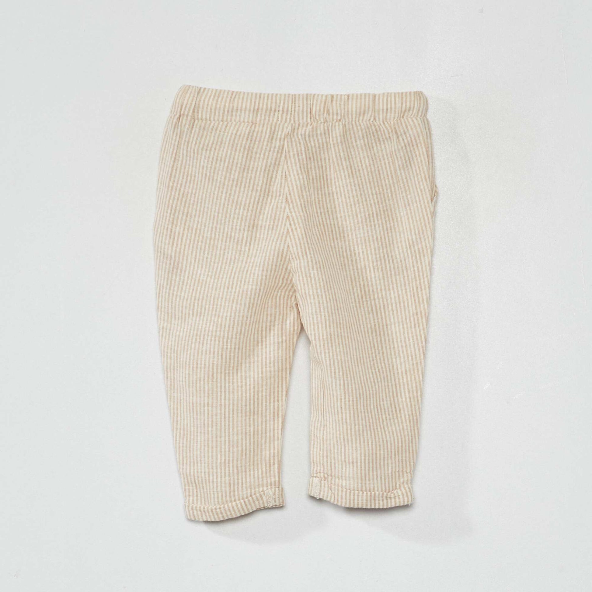 Pantalon en lin et en coton Beige rayures