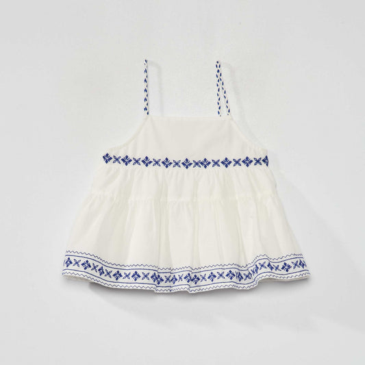 Blouse bretelles fines et broderies blanc