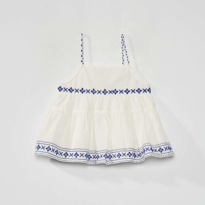 Blouse bretelles fines et broderies blanc