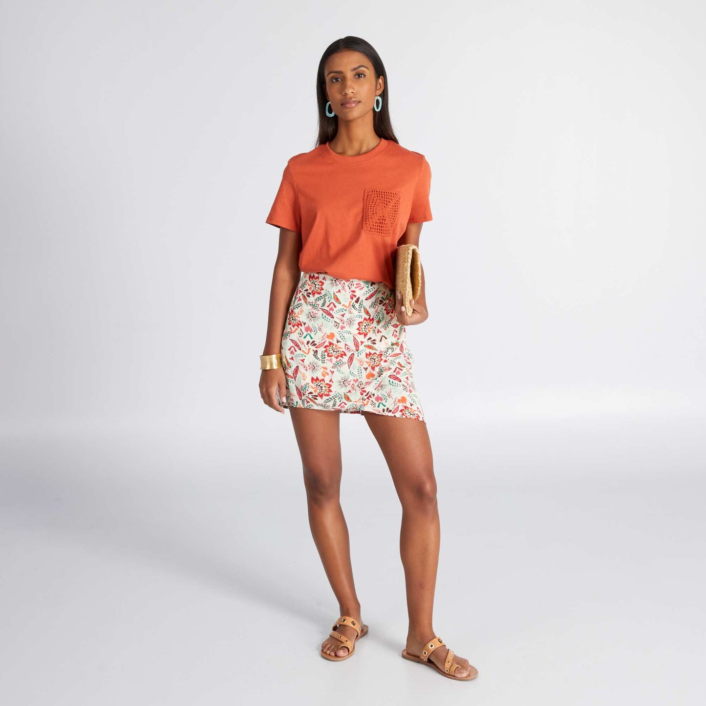 T-shirt manches courtes avec poche en maille crochet orange