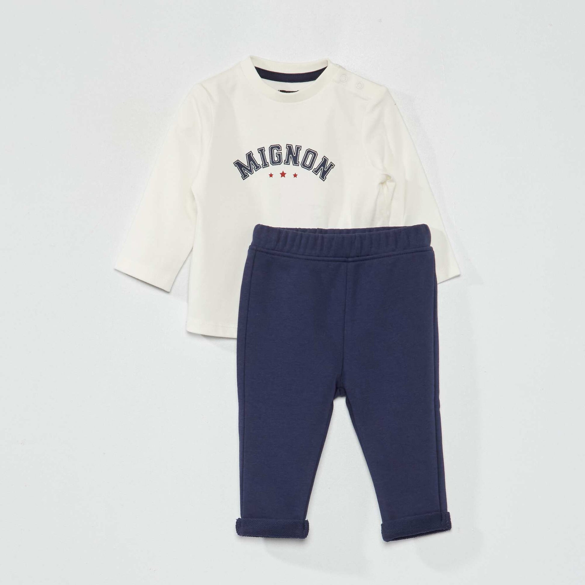 Ensemble tee-shirt imprim + pantalon french terry Blanc/marine