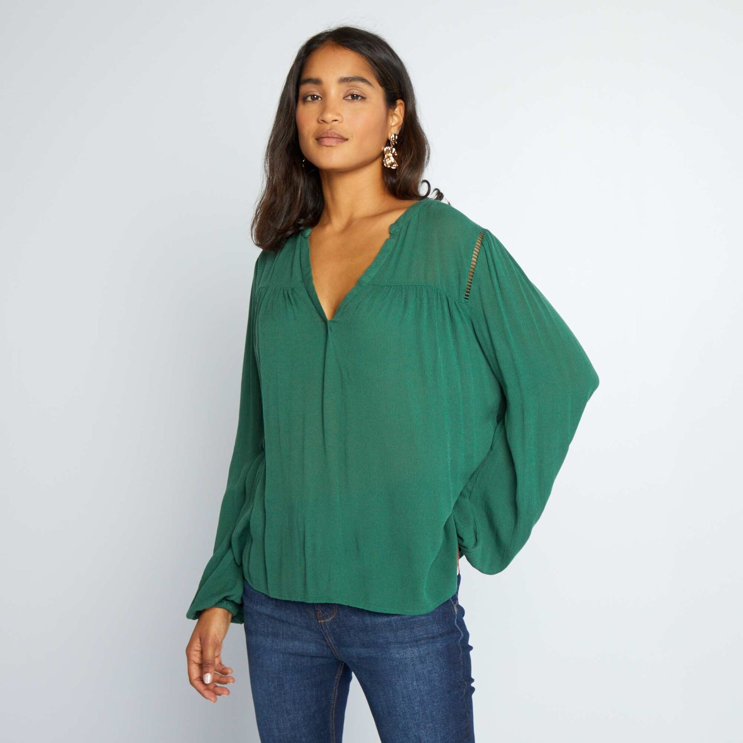 Blouse en maille cr pe avec liser s ajour s Vert kaki