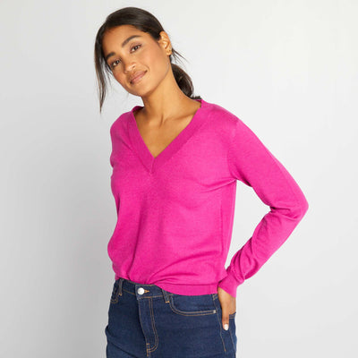 Pull en maille col V fuchsia