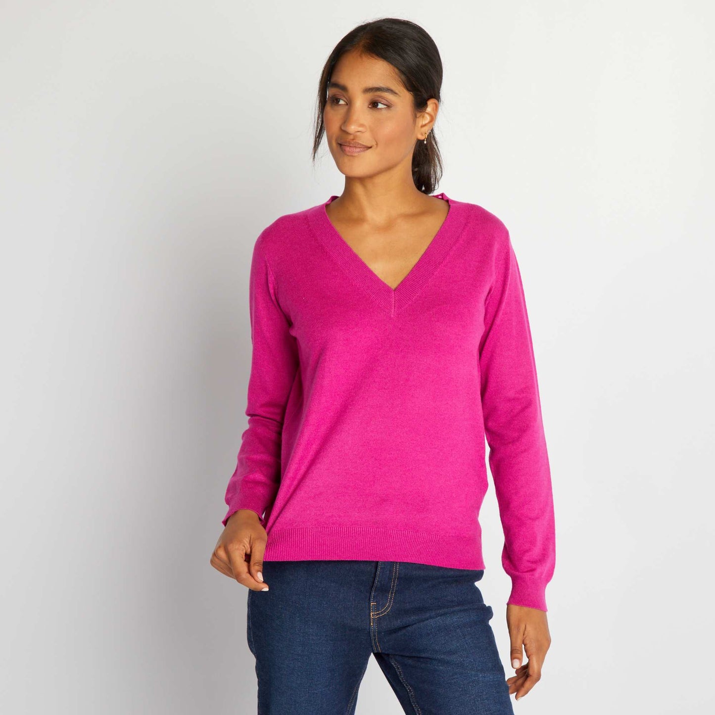 Pull en maille col V fuchsia