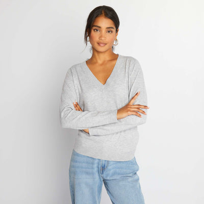 Pull en maille col V Gris