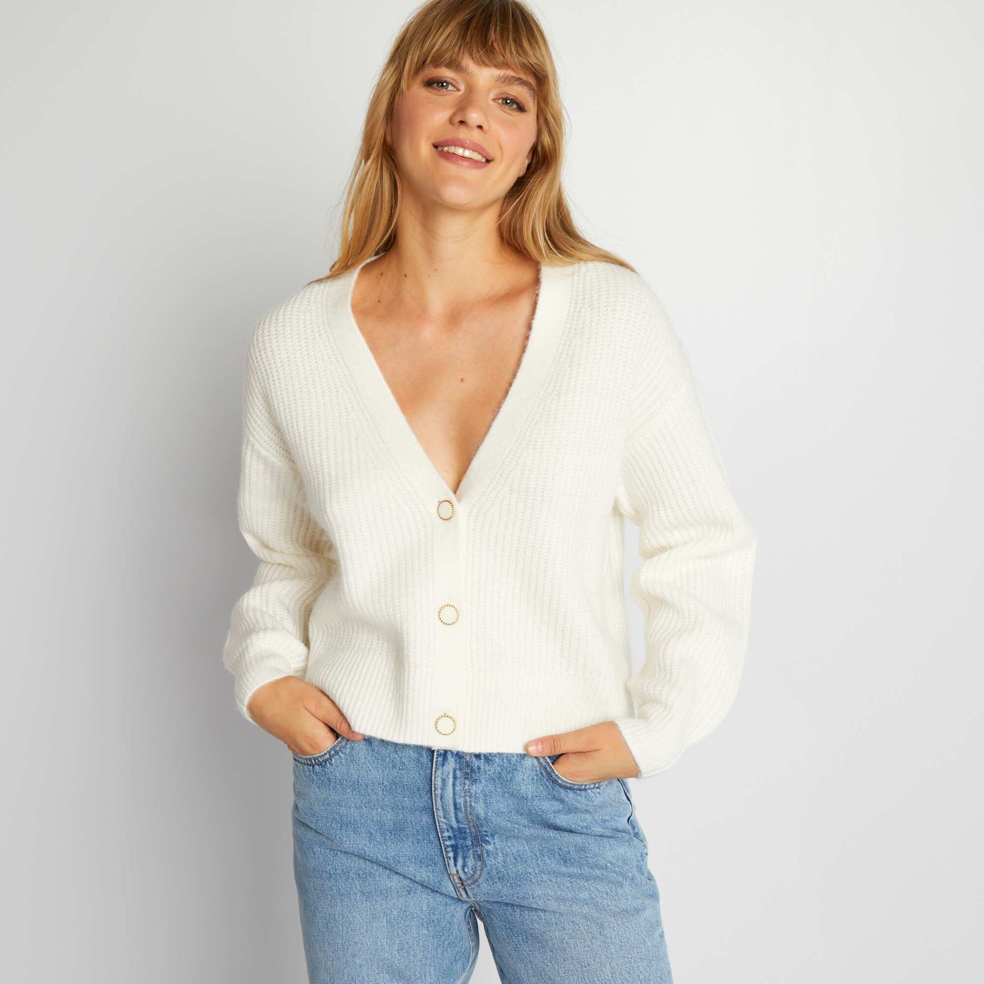 Gilet maille grosse jauge et boutons fantaisie Blanc
