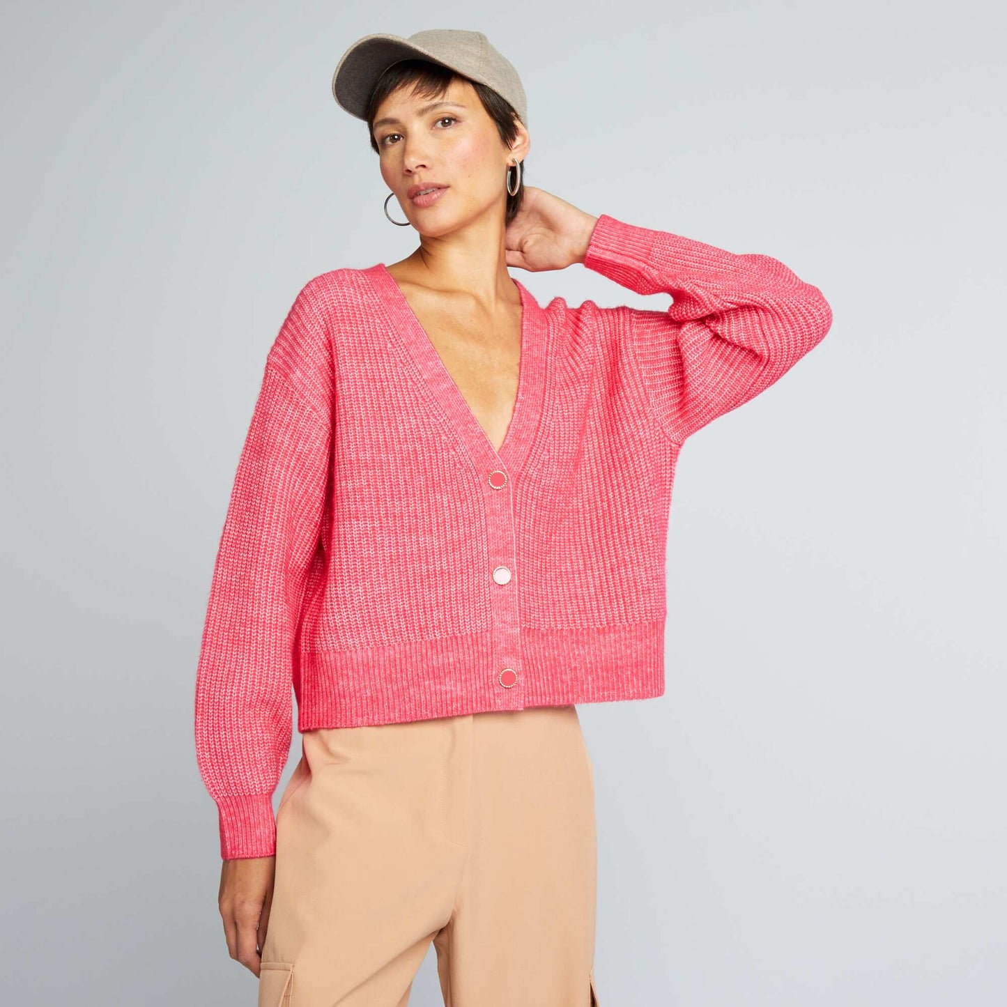 Gilet maille grosse jauge et boutons fantaisie Rose