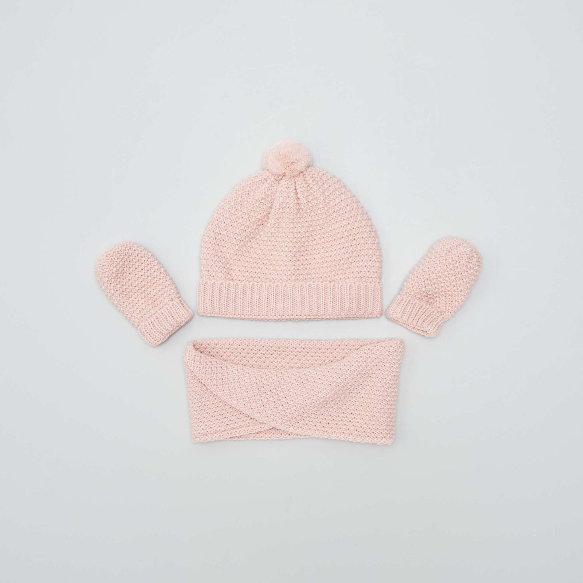 Ensemble bonnet + tour de cou + moufles - 3 pi ces Rose