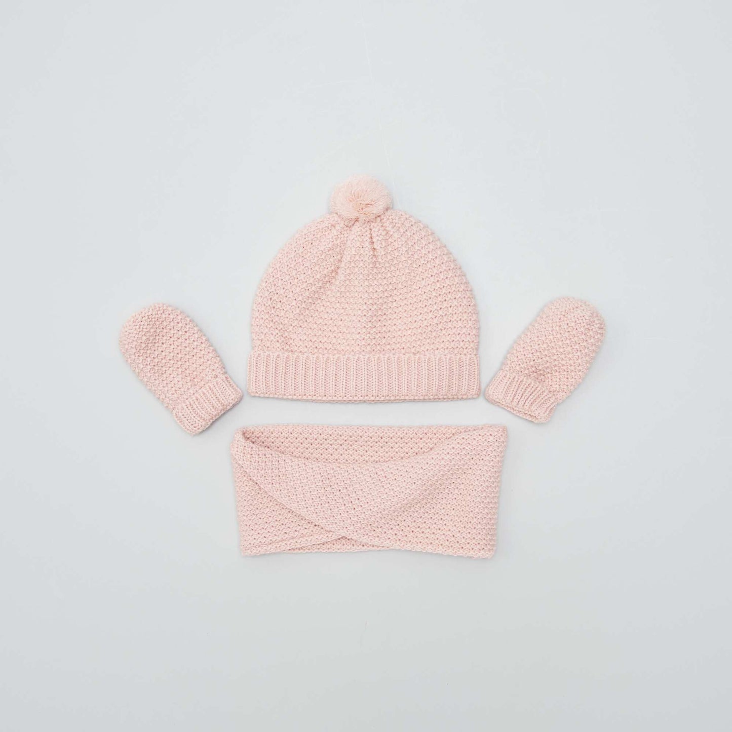 Ensemble bonnet + tour de cou + moufles - 3 pi ces Rose