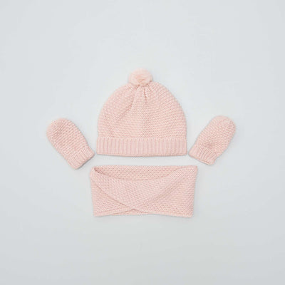 Ensemble bonnet + tour de cou + moufles - 3 pi ces Rose