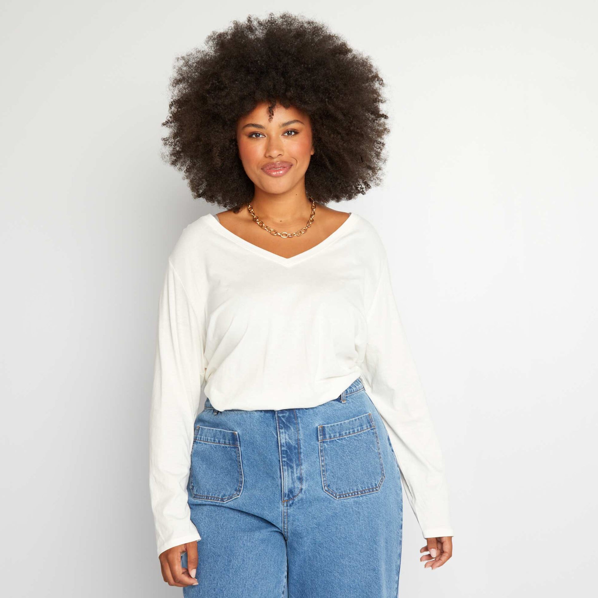 Tee-shirt basique manches longues et col V blanc