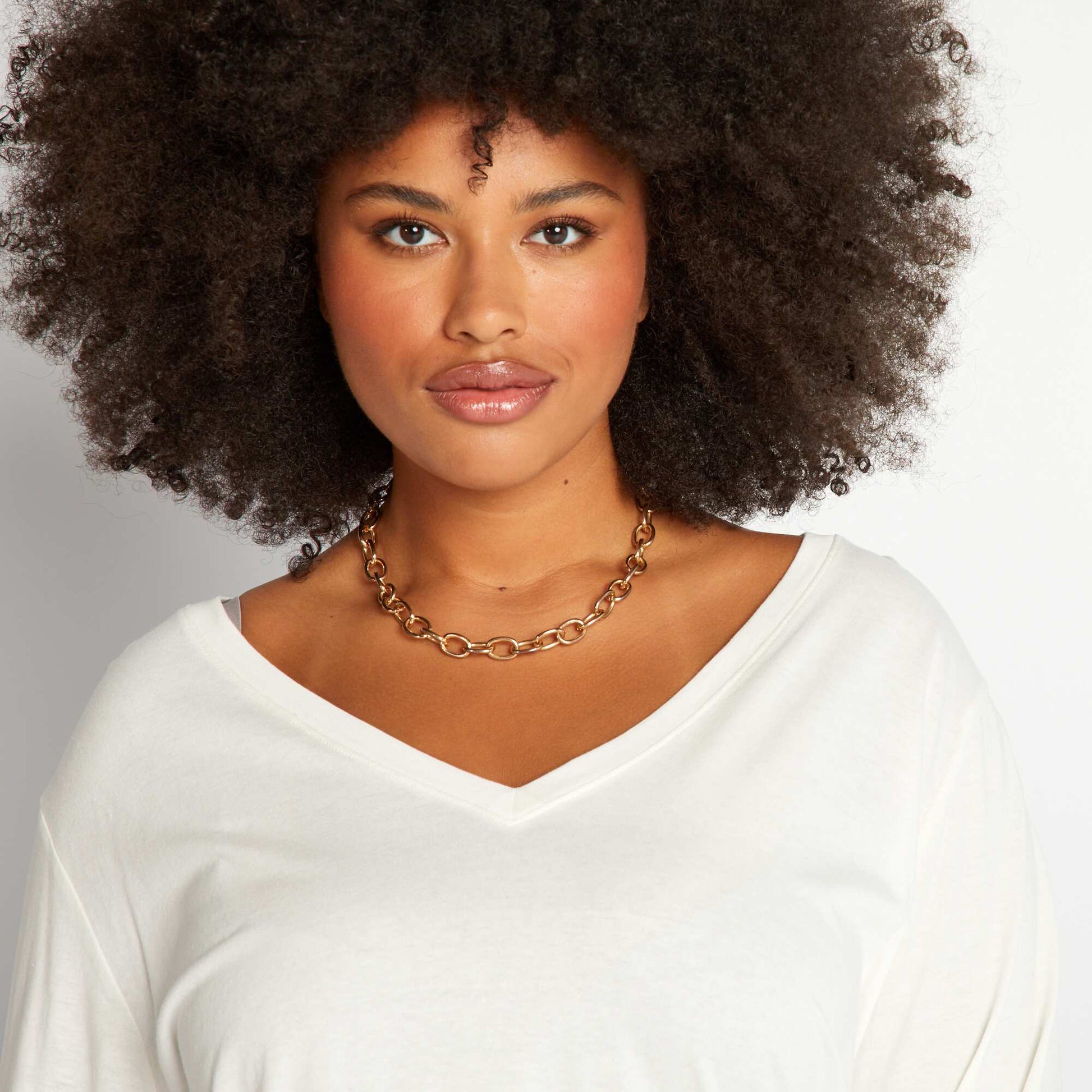 Tee-shirt basique manches longues et col V blanc
