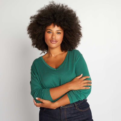 Tee-shirt basique manches longues et col V Vert