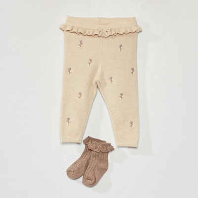 Legging en maille avec broderie + chaussettes - 2 pi ces BEIGE
