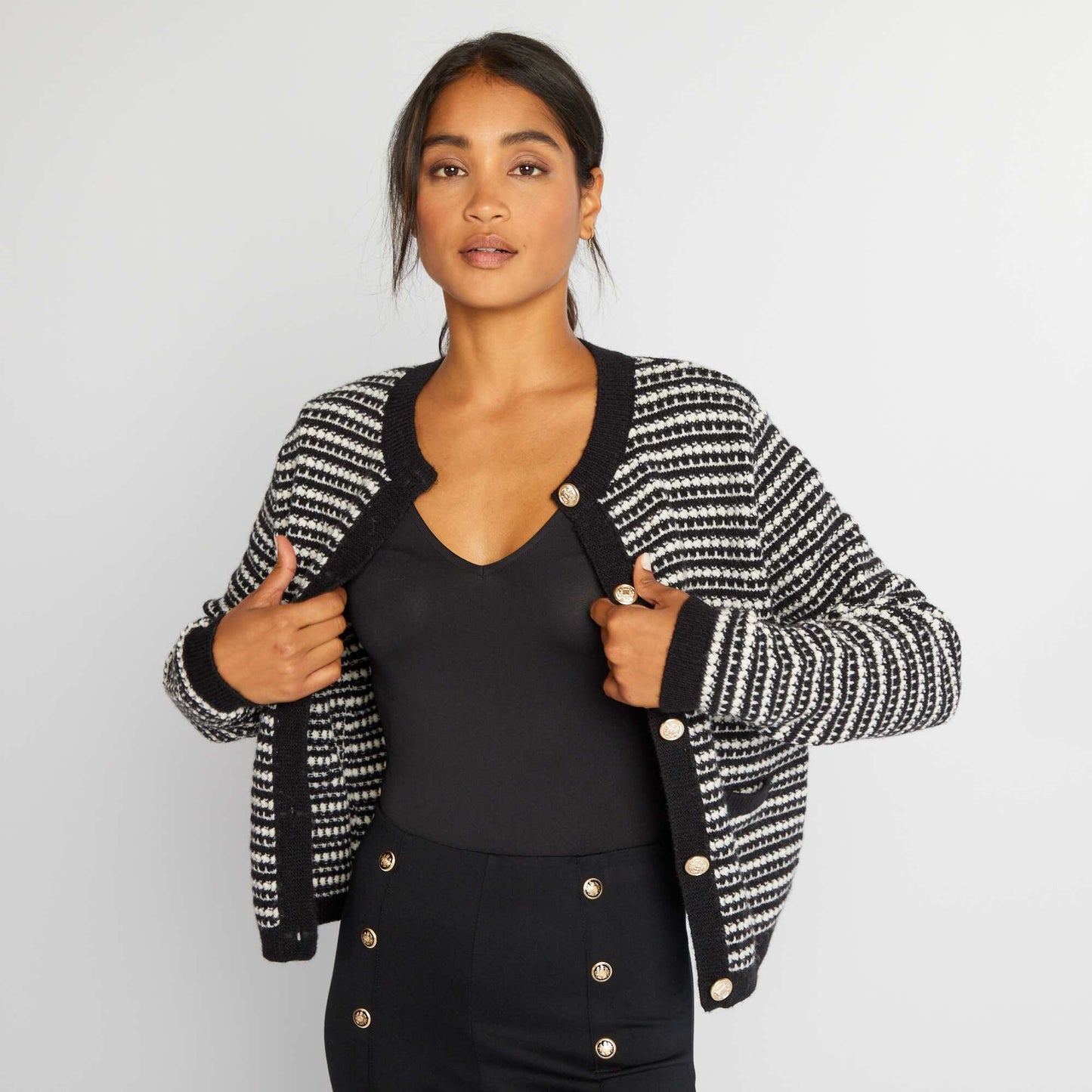 Gilet boutonn e en maille Noir/blanc