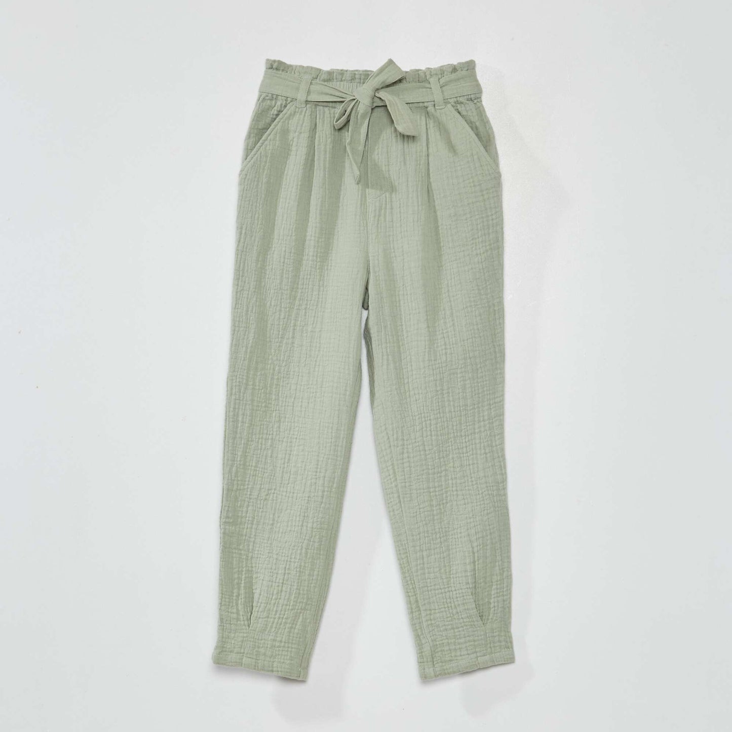 Pantalon paperbag en gaze de coton Vert