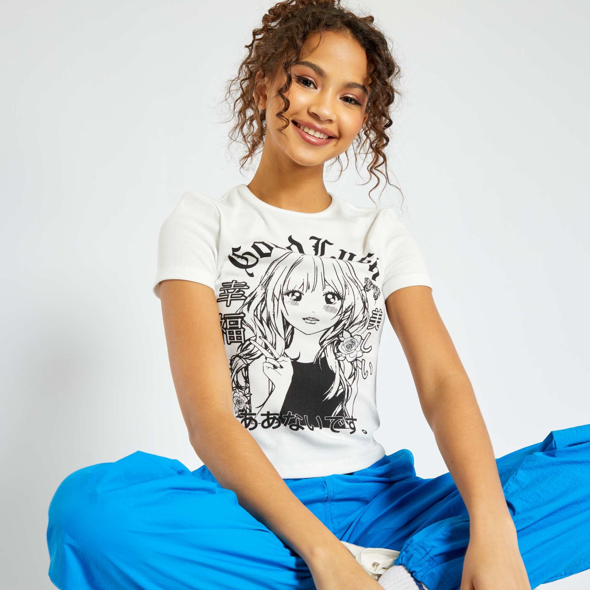 T-shirt cropped avec manga Blanc