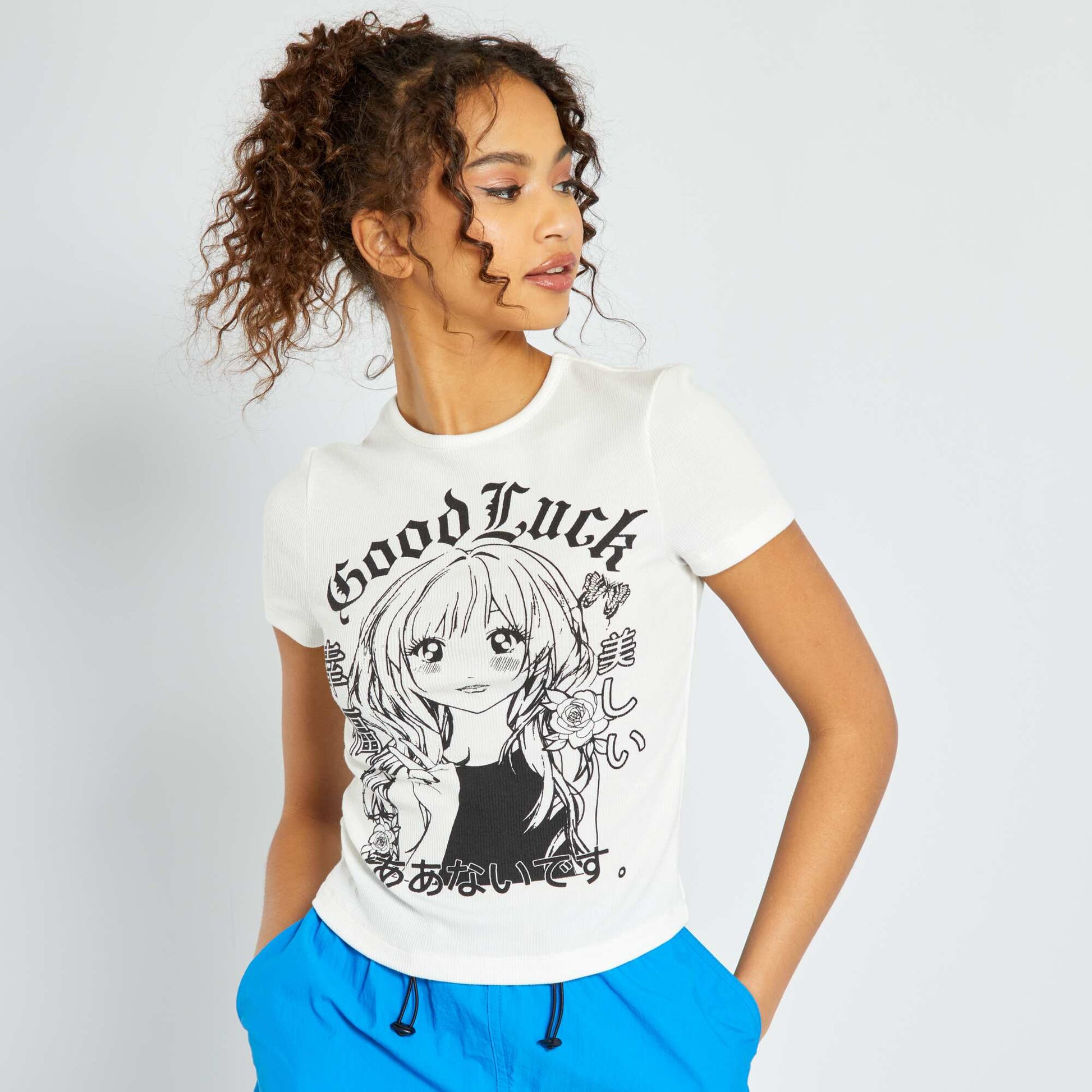 T-shirt cropped avec manga Blanc