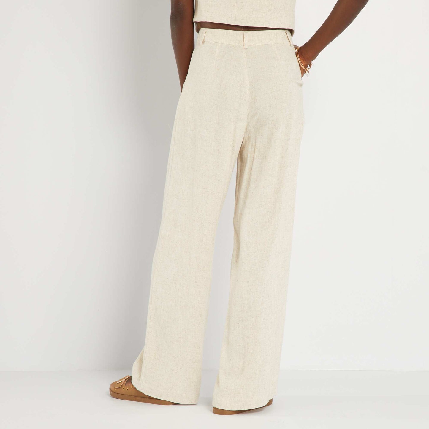 Pantalon large taille haute en lin Beige