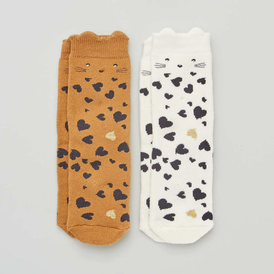 Lot de 2 paires de chaussettes 'coeurs' et 'chat' Marron/blanc