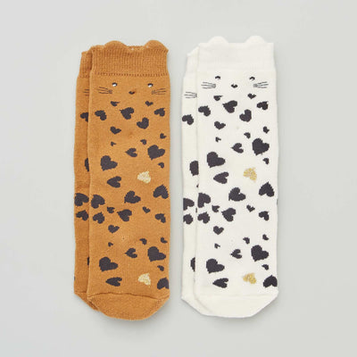 Lot de 2 paires de chaussettes 'coeurs' et 'chat' Marron/blanc