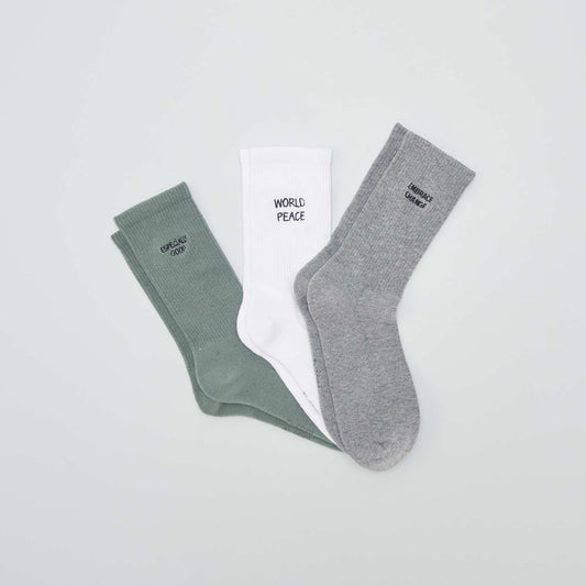 Lot de 3 chaussettes avec message Vert/blanc/gris