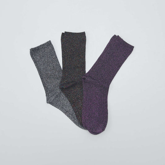 Lot de 3 paires de chaussettes paillet es Noir/gris/violet