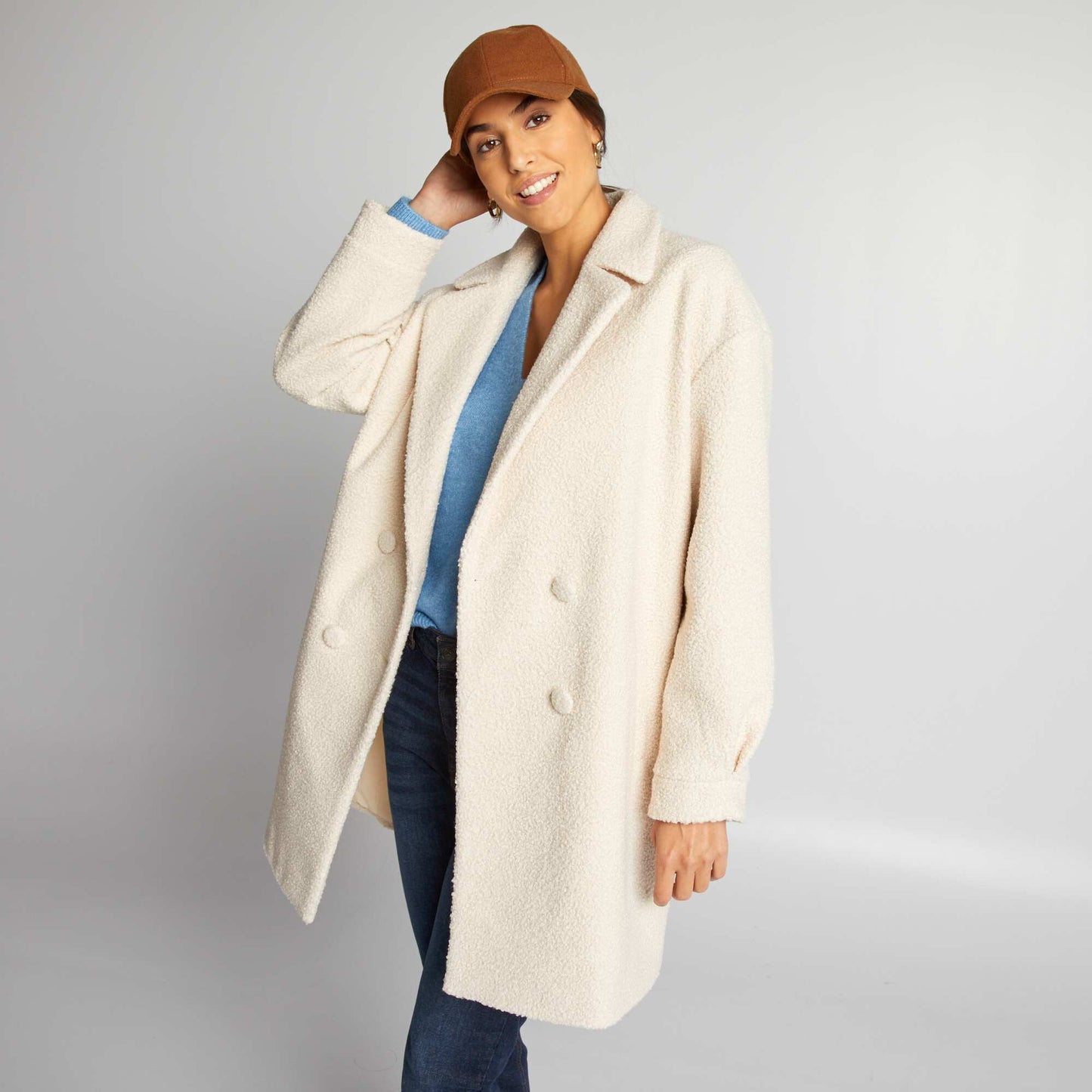 Manteau mi-long en maille bouclette Blanc